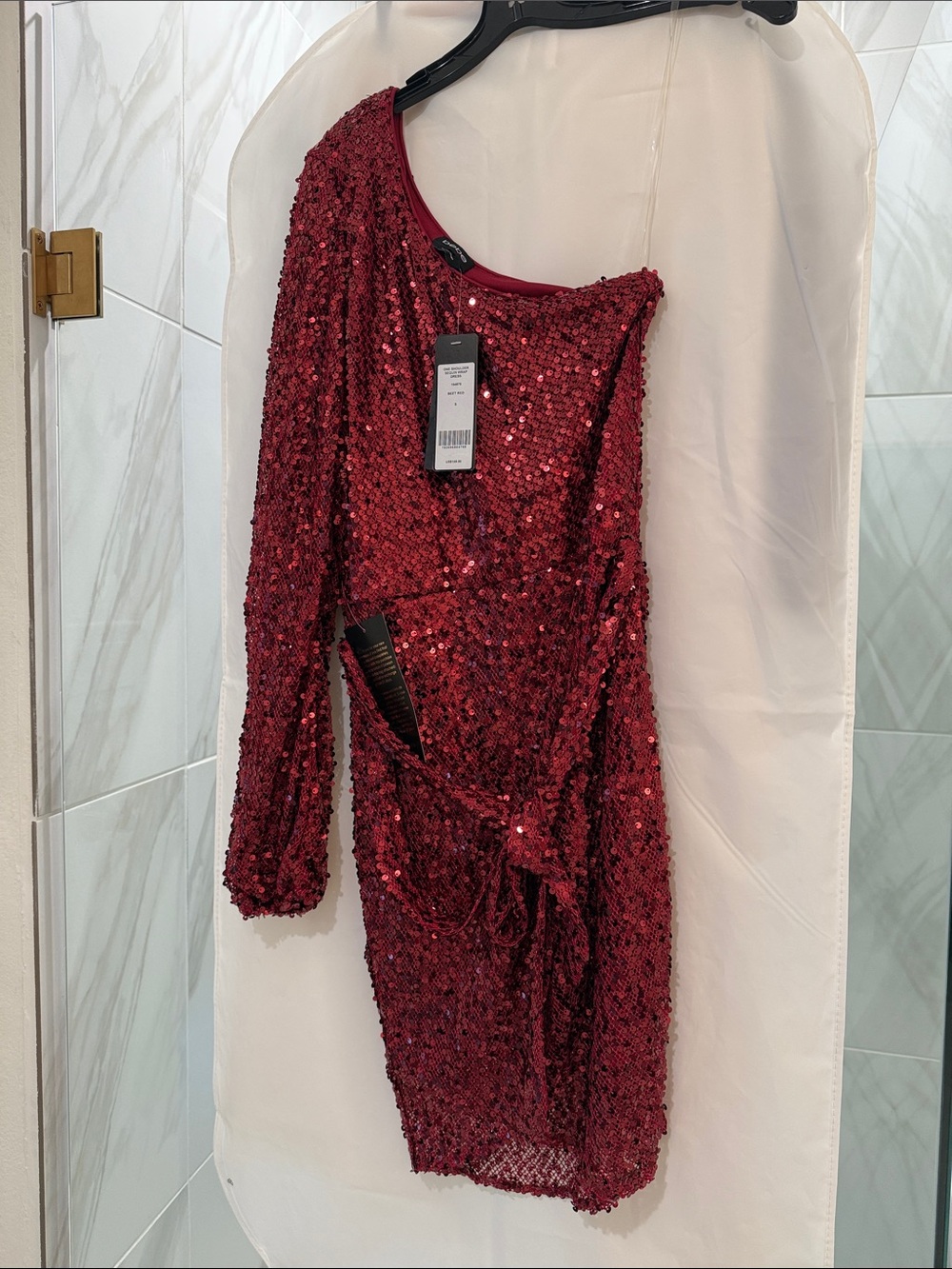 bebe Burgundy Red One-Shoulder Sequin Dress